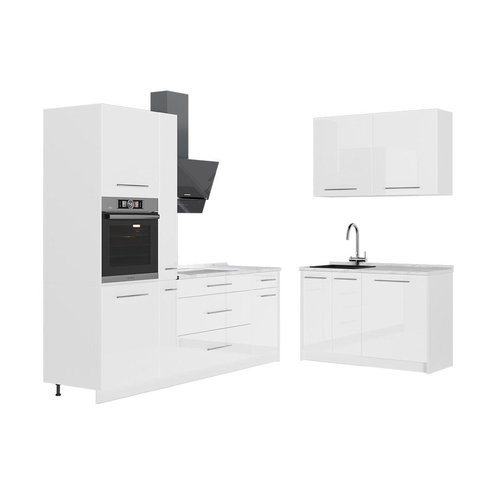 KÜCHENZEILE Fame-Line, Weiß Hochglanz/Weiß, 220 x 120 cm, AP Marmor - Weiß Hochglanz/Weiß, Holzwerkstoff (220/206.8/60cm) - Vicco