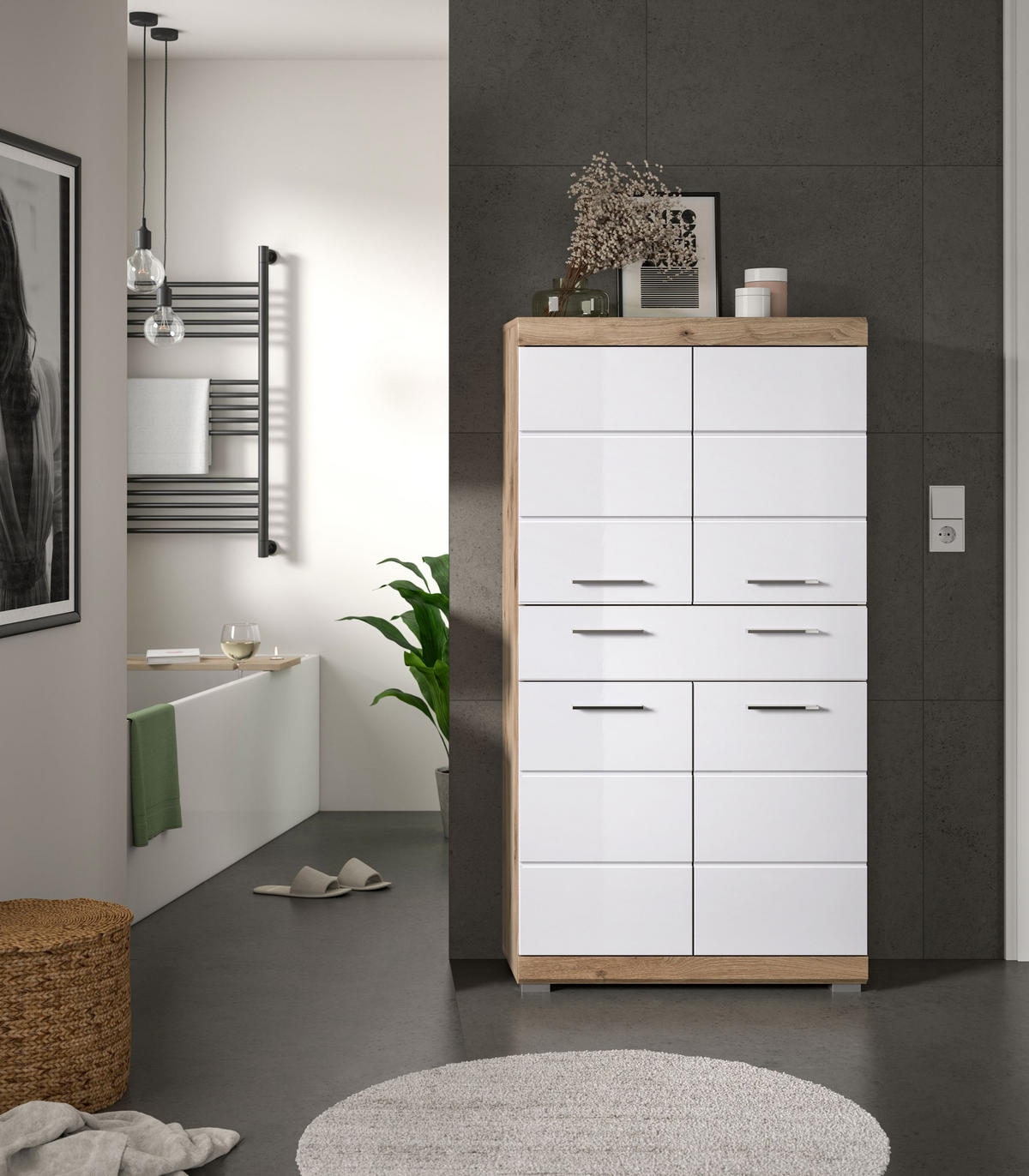 STANDSCHRANK breit Wave Bad in Nox Oak Nachbildung und weiß hochglanz B/H/T: 74x141x31 cm - Eichefarben, Holz (74/141/31cm)