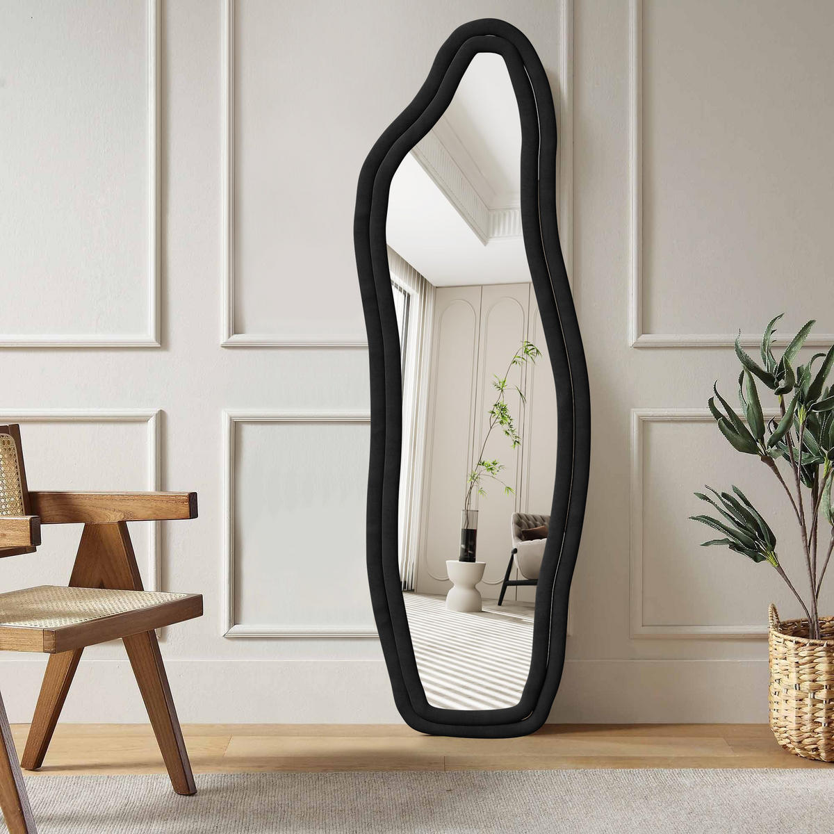 STANDSPIEGEL 160 x 50 cm, Spiegel in Delfinform, Wandspiegel,Samtrahmen, schwarz - Schwarz, Glas/Textil (50/160/3cm) - WoodenAura