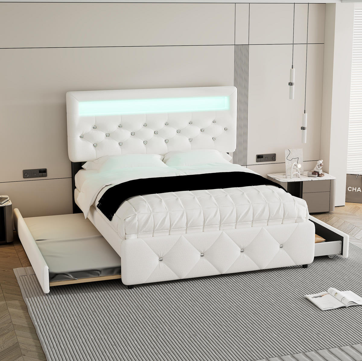 POLSTERBETT aus Leinen und MDF 140x200 cm Weiß mit Ausziehbett, 2 Schubladen und Lichtleiste - Weiß, Textil (140/200cm) - Modfu