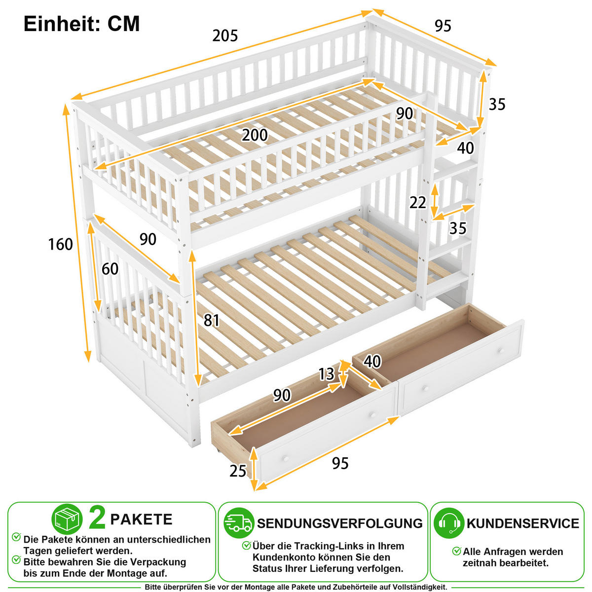 ETAGENBETT 90/200 cm & 90/200 cm in Weiß mit 2 Schubladen und umbaubar - Weiß, Holz/Holzwerkstoff (90/200cm) - CHICFURN