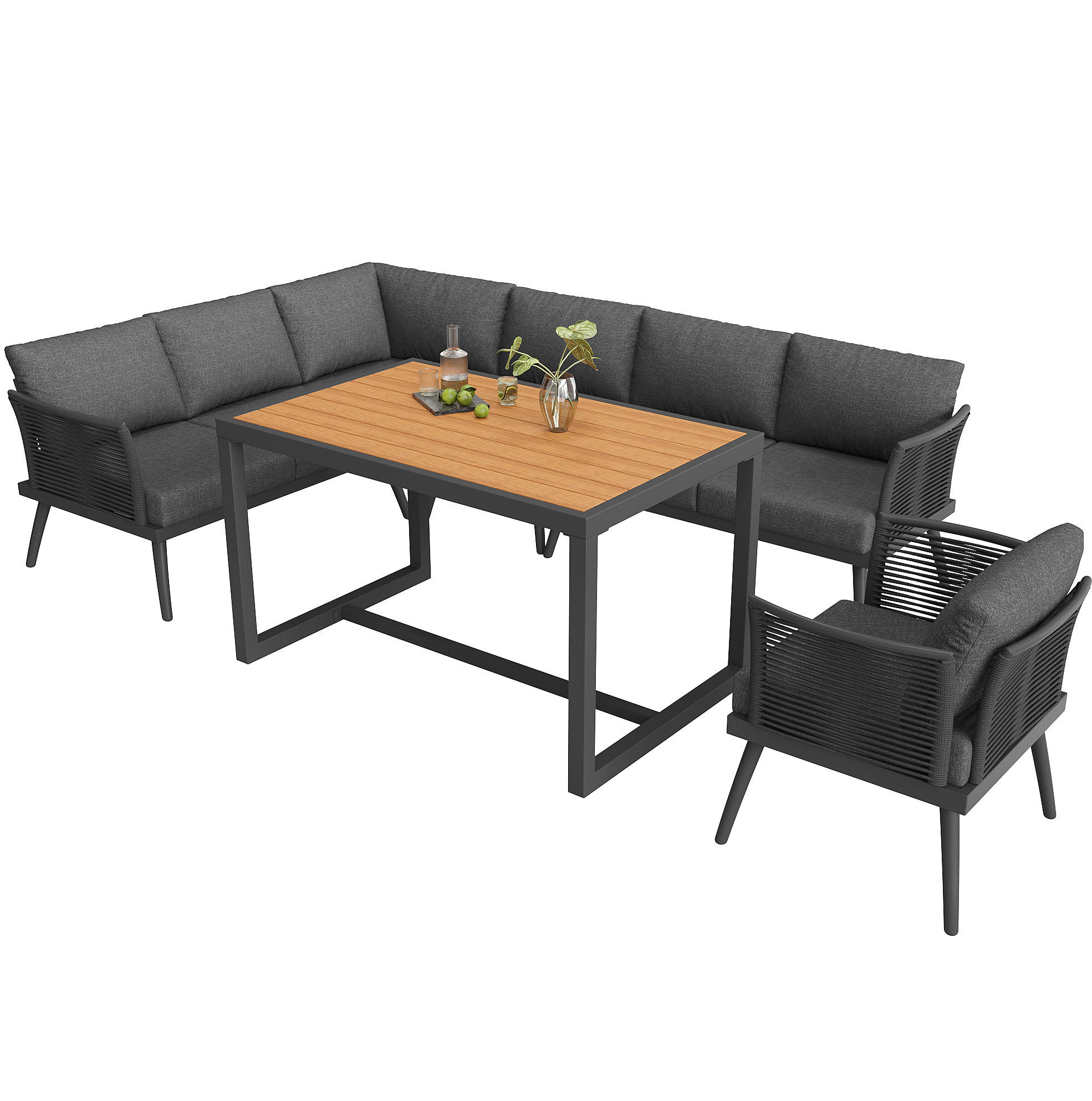 Modfu ZAHRADNÍ sedací souprava z železa 237x65x79 cm šedá pro 7 osob s polstrováním a stolkem