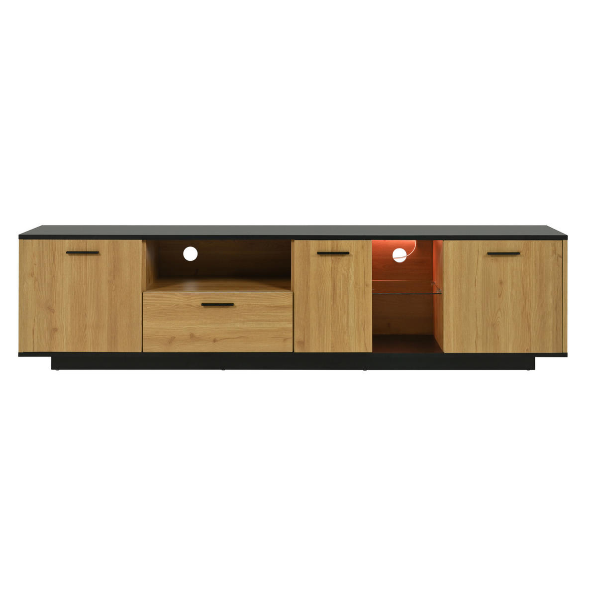 LOWBOARD 180/37/45 cm in Schwarz-Holzoptik mit LED-Beleuchtung und Stauraum - Schwarz, Holzwerkstoff (180/45/37cm) - Flora Grace