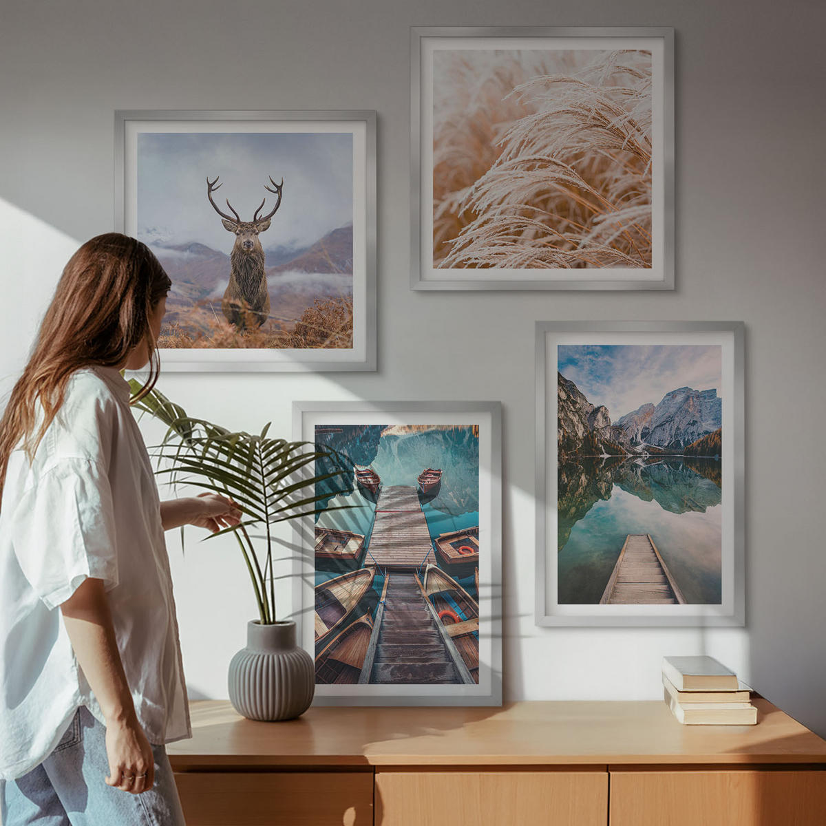 WANDBILDER 4er Set - 50x50 cm & 40x60 cm Silberner Rahmen - Seeboote Hirsche Berge - Silberfarben, Kunststoff (50/50cm) - ArtPrintCave