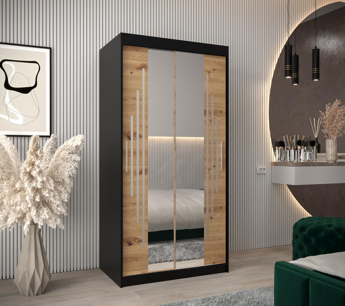 SCHWEBETÜRENSCHRANK 200/100/62 2-türig - Silberfarben/Schwarz, Holz/Kunststoff (100/200/62cm) - Abiks Möbel