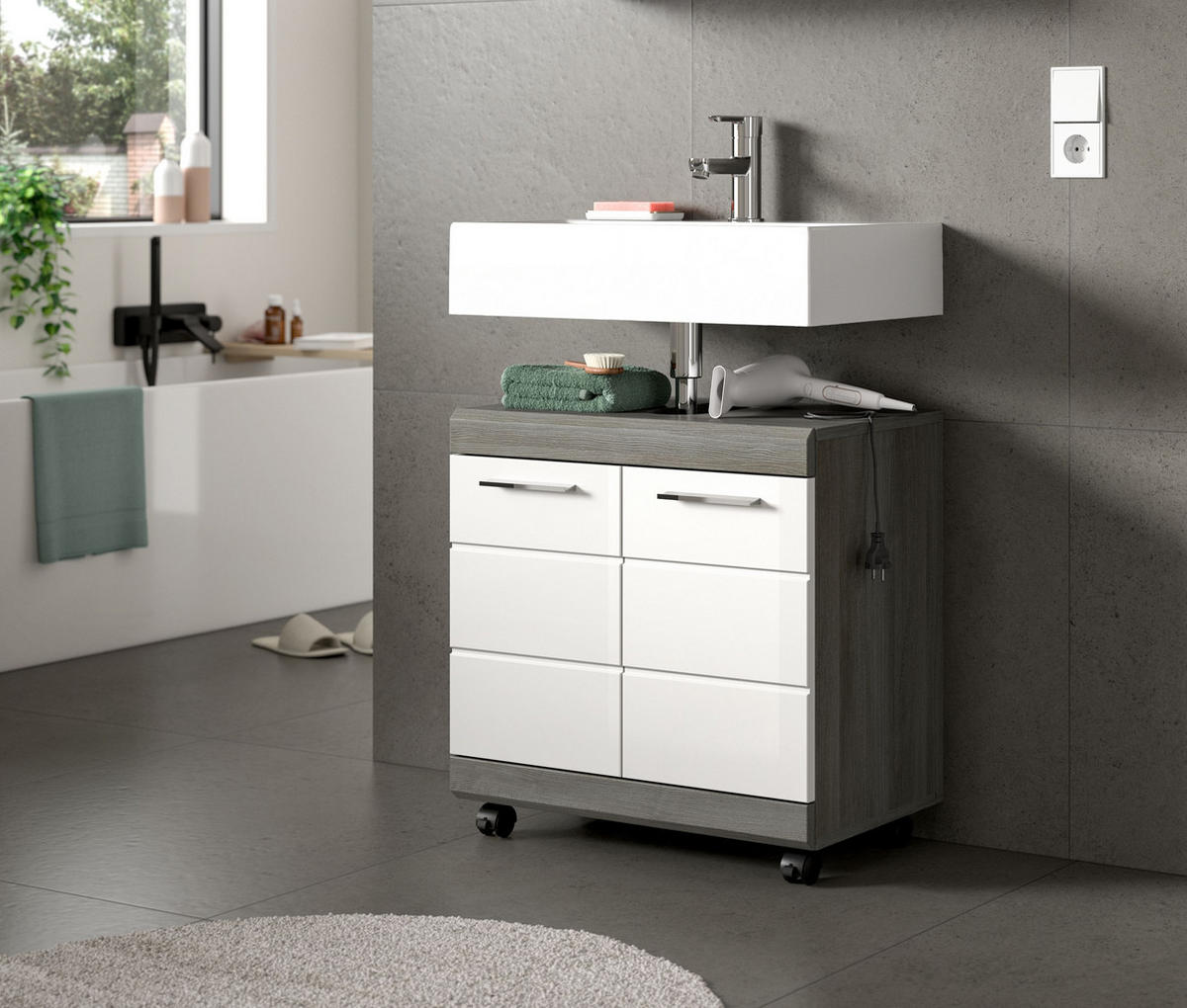 WASCHBECKENUNTERSCHRANK auf Rollen SCOUT (B/H/T: ca. 60/60/34 cm) in Rauchsilber Nachbildung/weiß hochglanz - Silberfarben, Holzwerkstoff (60/60/34cm)