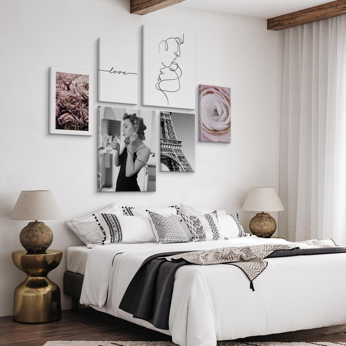 LEINWANDBILDER 6-er Set Blumen Paris - Beige/Schwarz, Textil (90/80cm) - Muralo