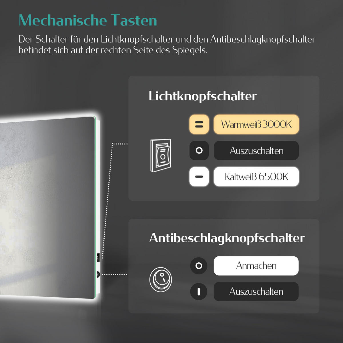 BADSPIEGEL mit Anti-Beschlag Beleuchtung Rechteckig 60/40 cm - Weiß, Glas (40/3.6/60cm) - EMKE