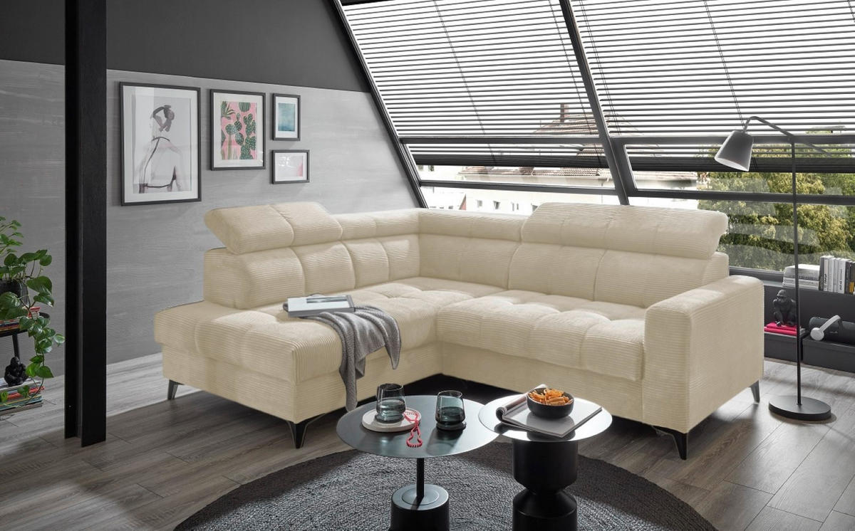 ECKSOFA mit elektronische Sitztiefenverstellung, USB-Anschluss und stilvollem Breitcord-Bezug - Beige, Textil (243/200cm) - ed exciting design