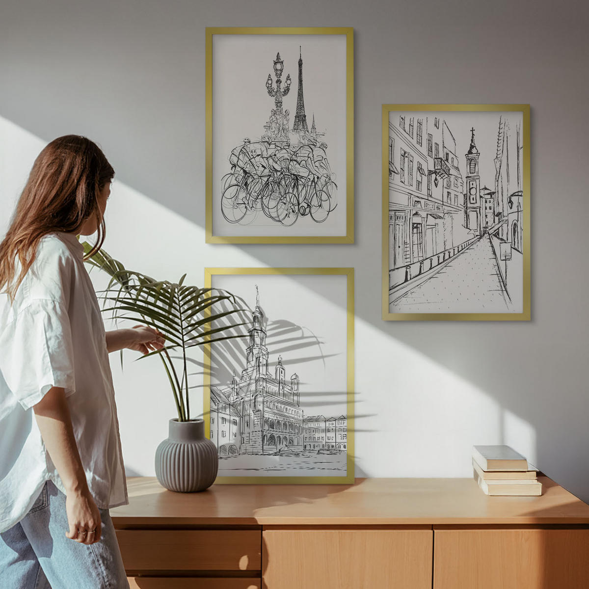 WANDBILDER 3er Set - 40x60 cm Goldrahmen - Einfache Zeichnungen von Stadtlandschaften - Goldfarben, Kunststoff (40/60cm) - ArtPrintCave