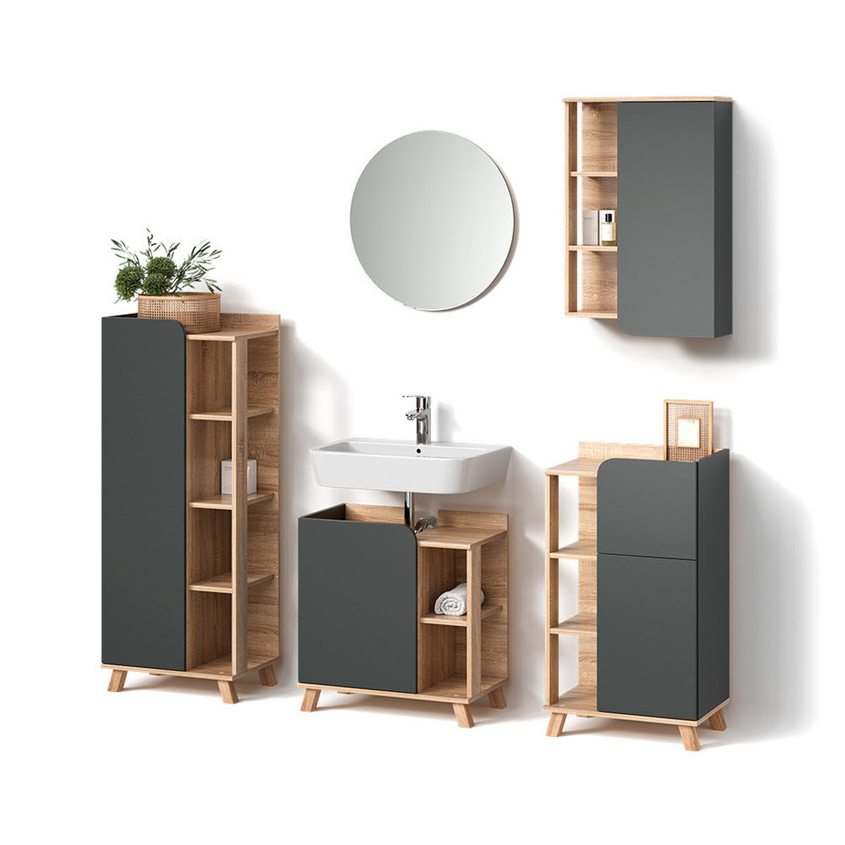 BADMÖBEL-SET Marano Anthrazit 5 Teile - Anthrazit/Sonoma Eiche, Holzwerkstoff (60/65/35cm) - Livinity®