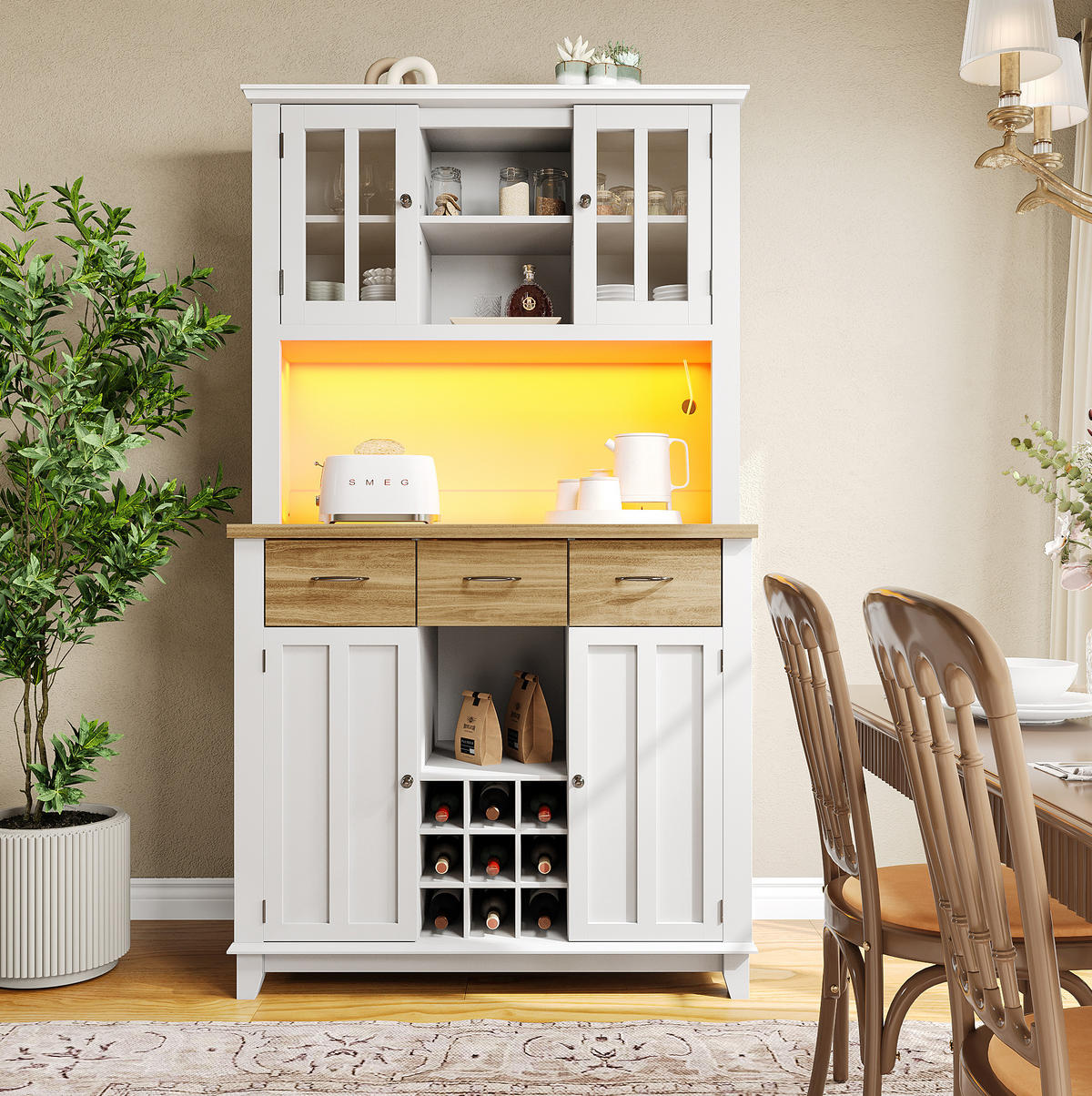HOCHSCHRANK aus MDF mit LED-Beleuchtung und Weinregal, 106/40/179,5 cm, Weiß und Natur - Weiß, Holzwerkstoff (106/179.5/40cm) - Redom