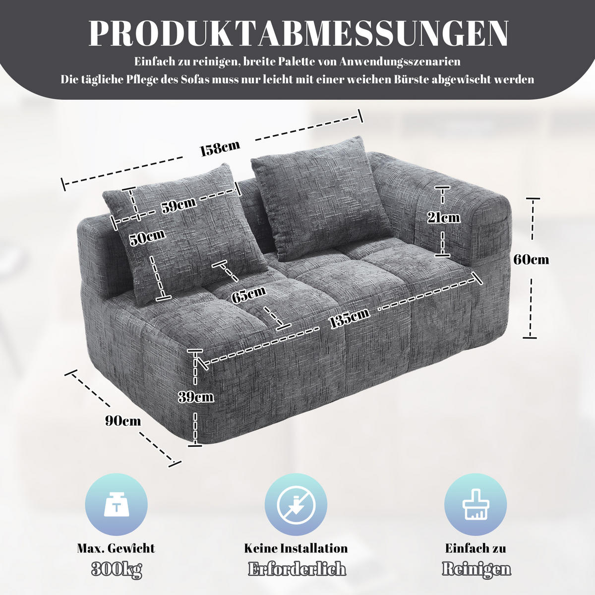 2-SITZER 158/90/60 cm Grau aus Chenille mit Seitentaschen - Grau, Textil (90/60/158cm) - OKMYHOME