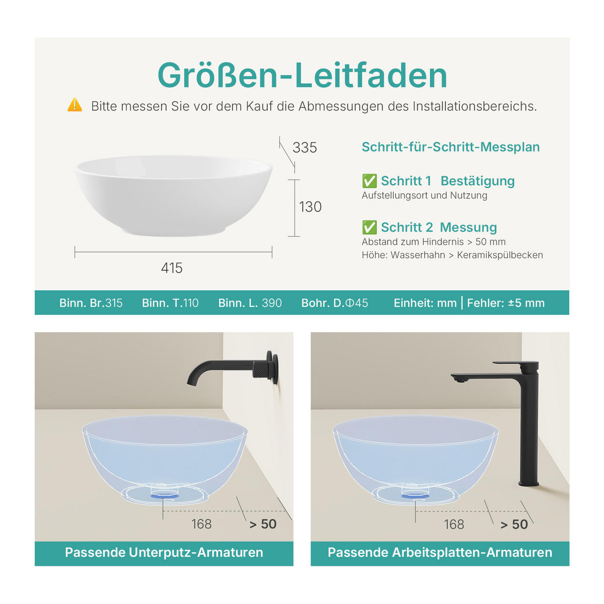 WASCHBECKEN mit pflegeleichter Oberfläche Weiß 41,5 / 33,5 / 13 cm - Weiß Hochglanz, Keramik (33.5/13/41.5cm) - EMKE