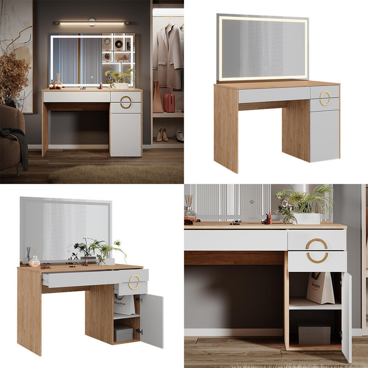 SCHMINKTISCH Adela Natural Rockford Hickory 115 cm mit LED-Spiegel - Weiß/Sonoma Eiche, Holzwerkstoff (115/76.4/55cm) - Vicco