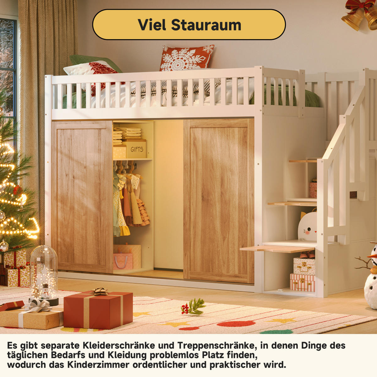 HOCHBETT 90/200 cm aus Massivholz/MDF mit Kleiderschrank, Treppenschrank und LED-Lichtleiste Weiß/Eichefarben - Weiß, Holz (90/200cm) - Modenvie