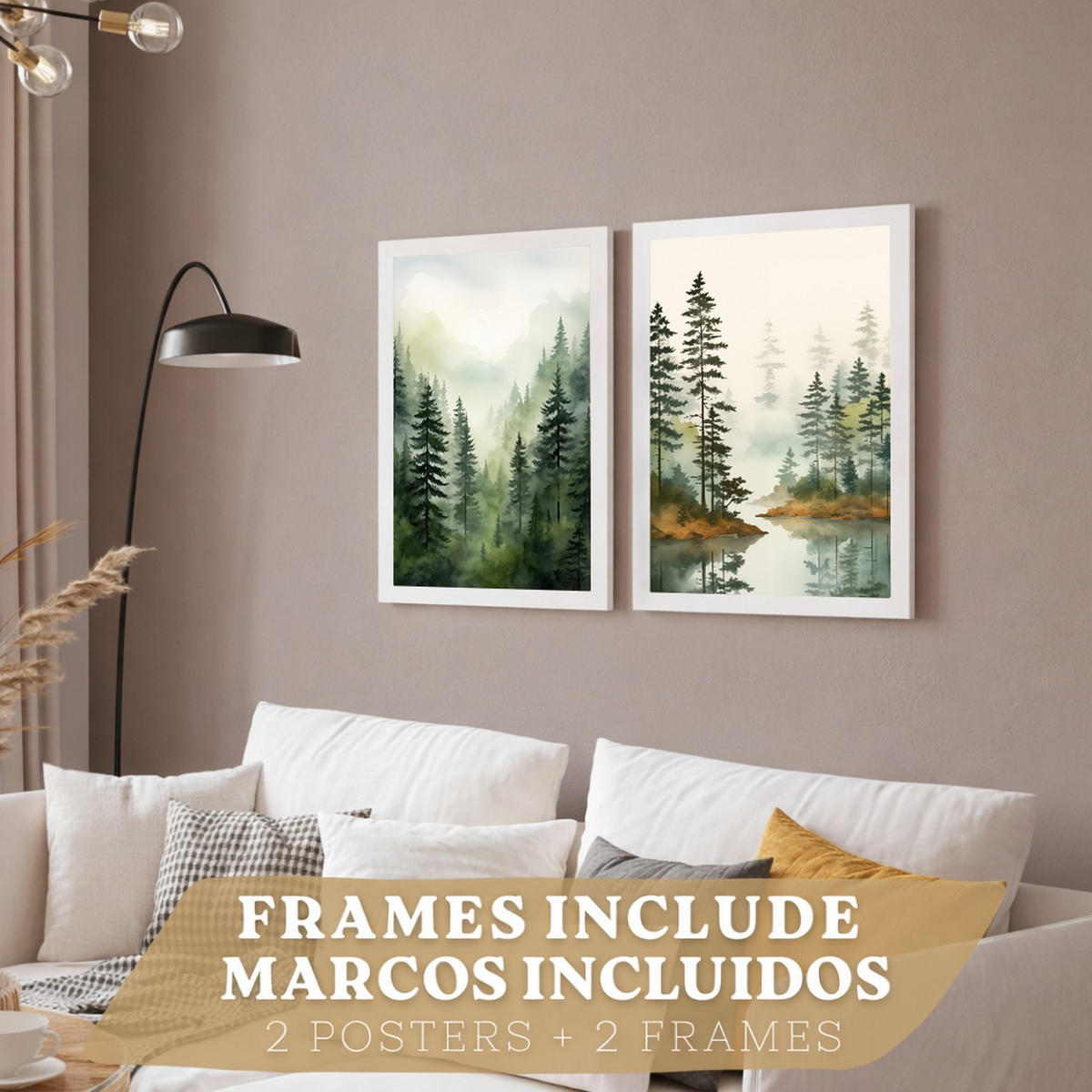 PLAKAT Sada 2 dekorativních tisků Nordic Forest Landscape obývák Obrázky - zelené a hnědé dekorativní plakáty Obývací pokoj A4 bílý rám - bílá, papír (29.7/42/3cm)