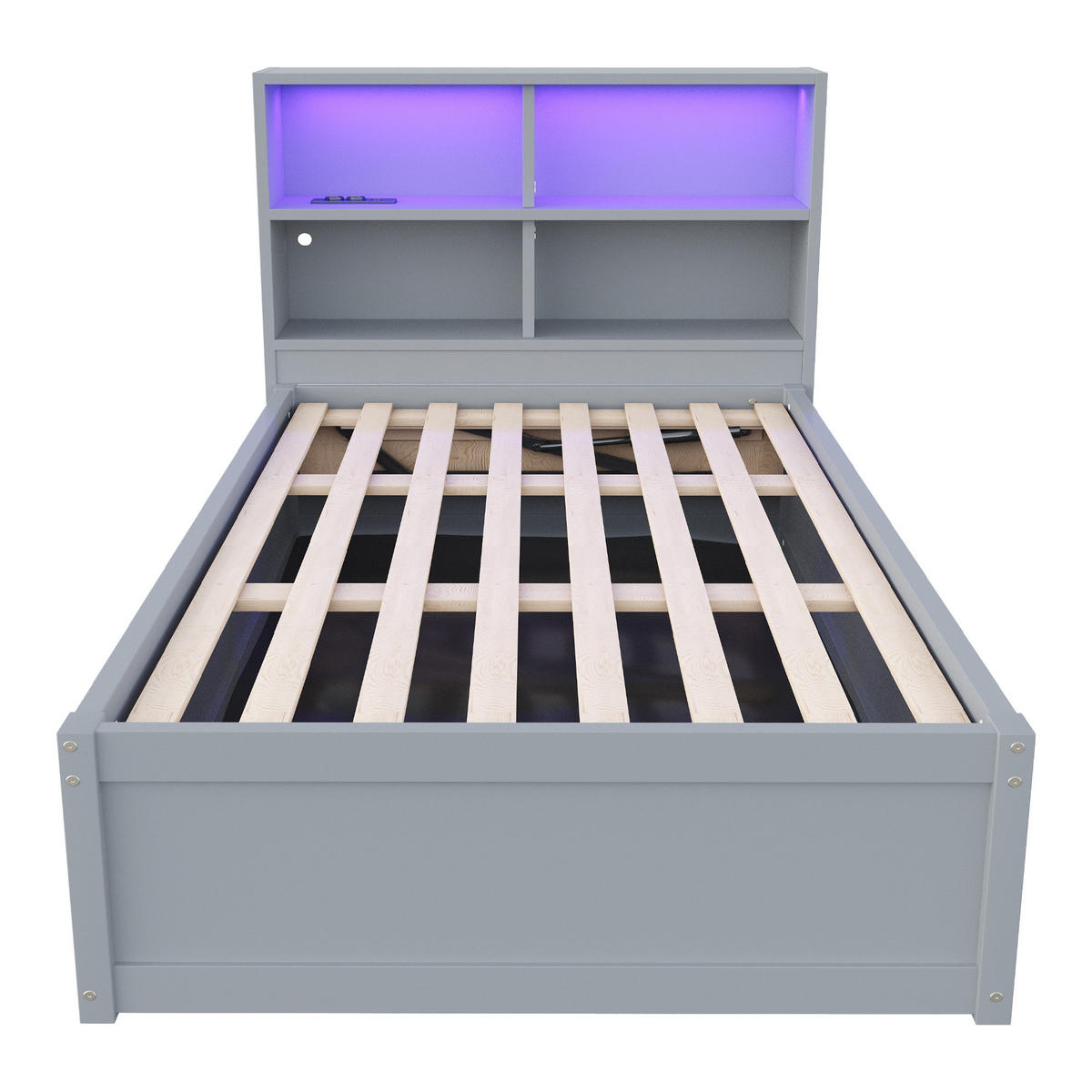 BETT 90/200 cm mit Multifunktionssteckdose, LED-Beleuchtung & Stauraum Grau - Grau, Holz (90/200cm) - OKWISH