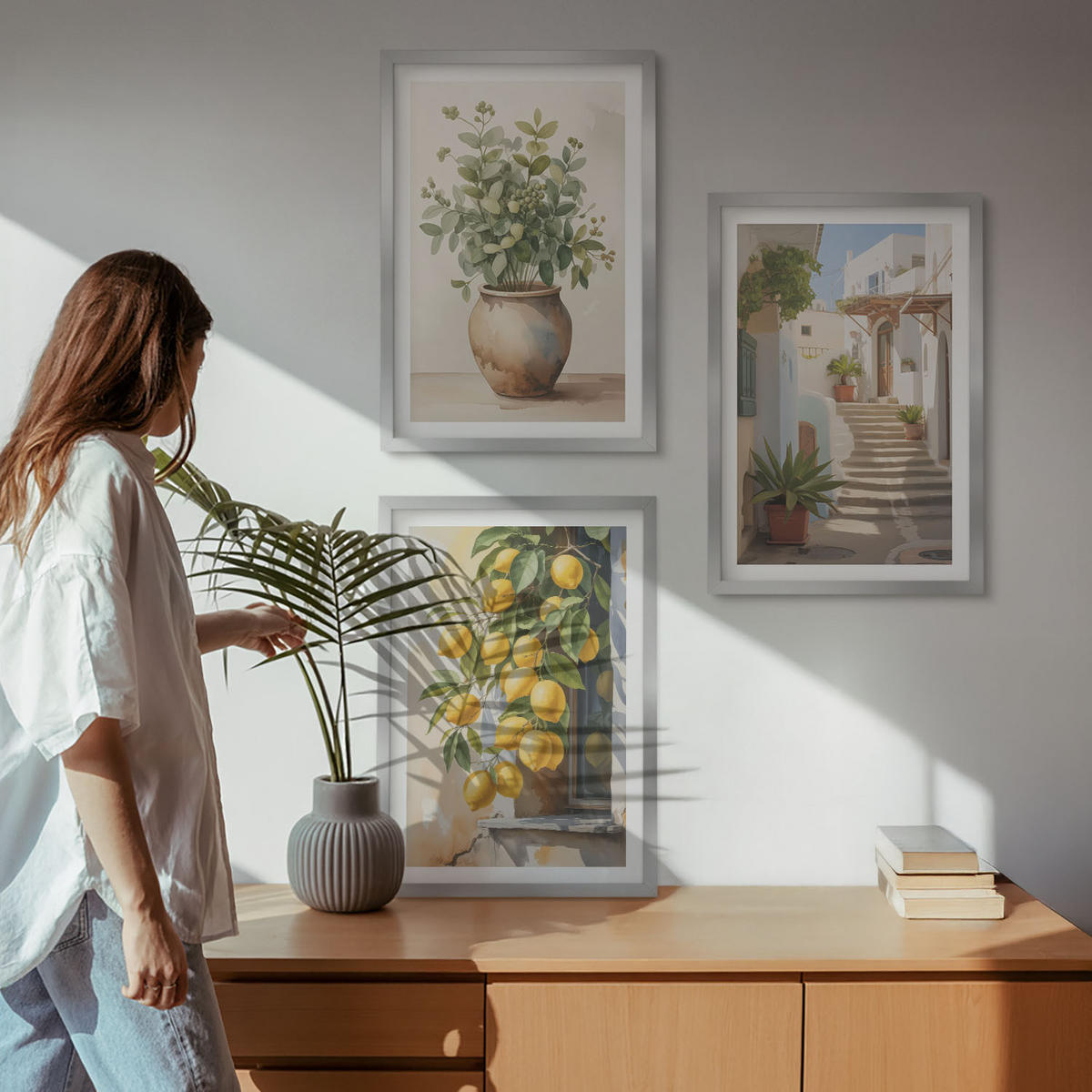 WANDBILDER 3er Set - 40x60 cm Silberner Rahmen - Zitronenblumen im Topf, Straßen - Silberfarben, Kunststoff (40/60cm) - ArtPrintCave