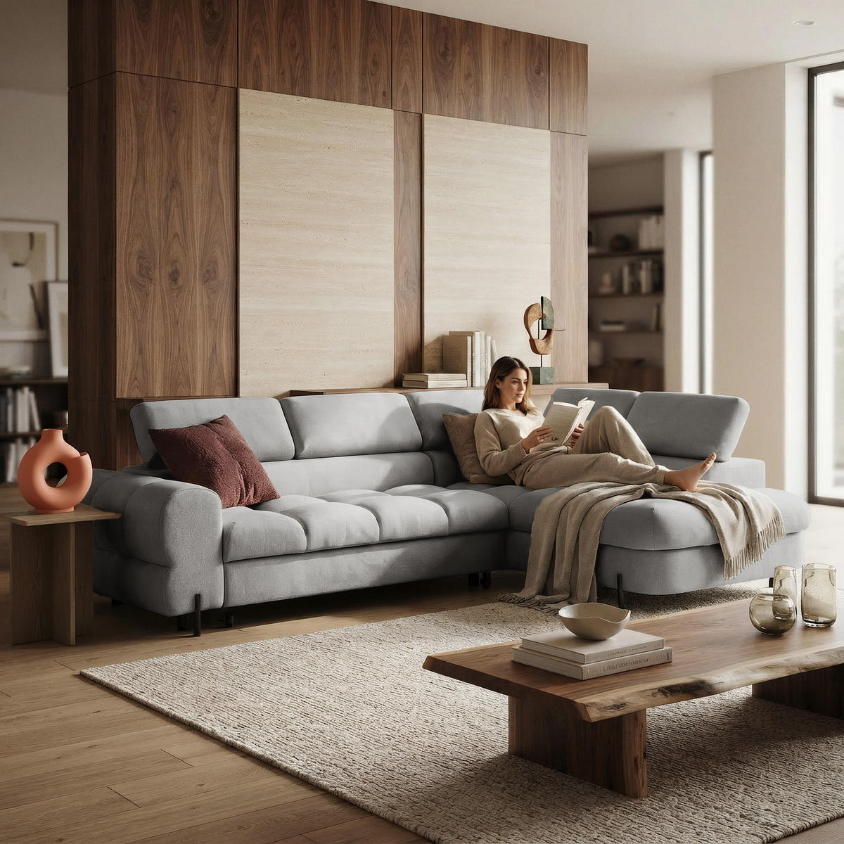 ECKSOFA BOWL L Rechts mit Schlaffunktion 125x195 Velours Grau - Schwarz/Grau, Holz/Textil (195/260cm) - Muffo