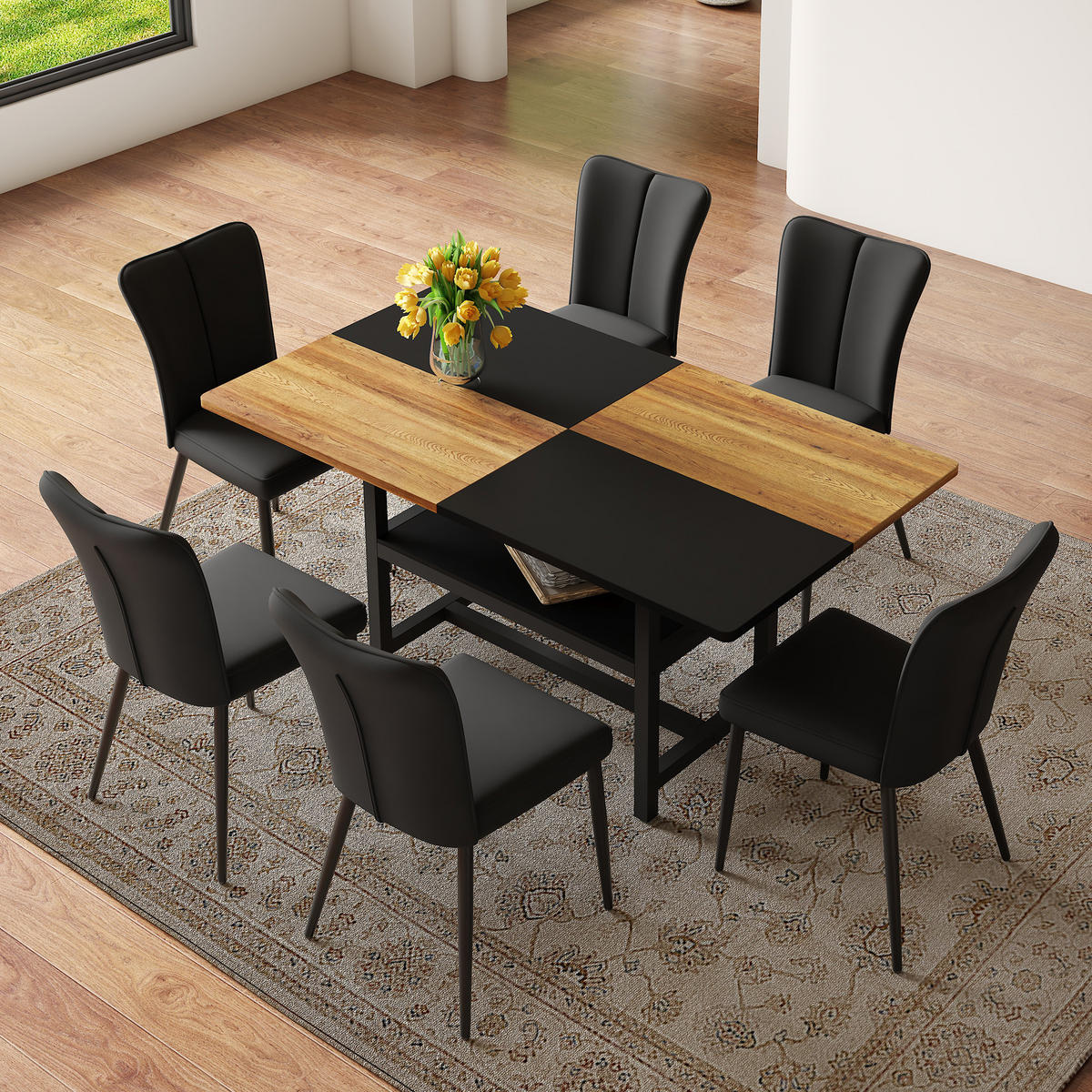 ESSGRUPPE DE-39364 7-teilig, mit 6 PU-Sesseln Schwarz - Schwarz, Holzwerkstoff (160/76/90cm) - ComfortXL
