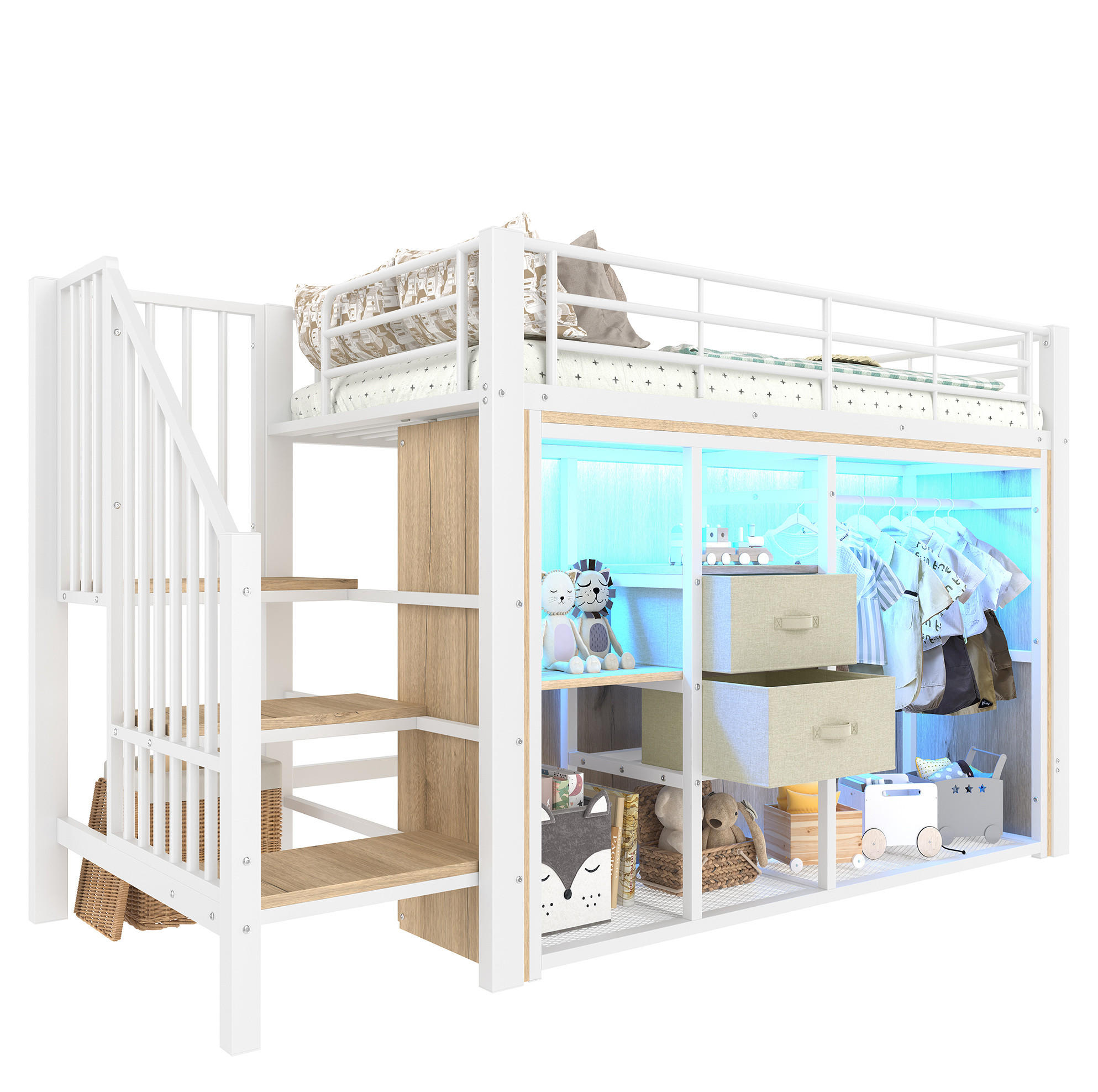 HOCHBETT Kinderbett 90/200 cm aus Metall und MDF mit LED-Beleuchtung und Stauraum Weiß - Weiß, Metall (90/200cm) - Modenvie