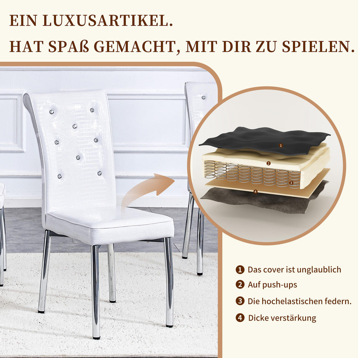 STUHL-SET DE-36775 2 Stück mit Krokodil-Prägung und Kristallknopf-Details Schwarz - Weiß, Metall (42/101/61.5cm) - ComfortXL