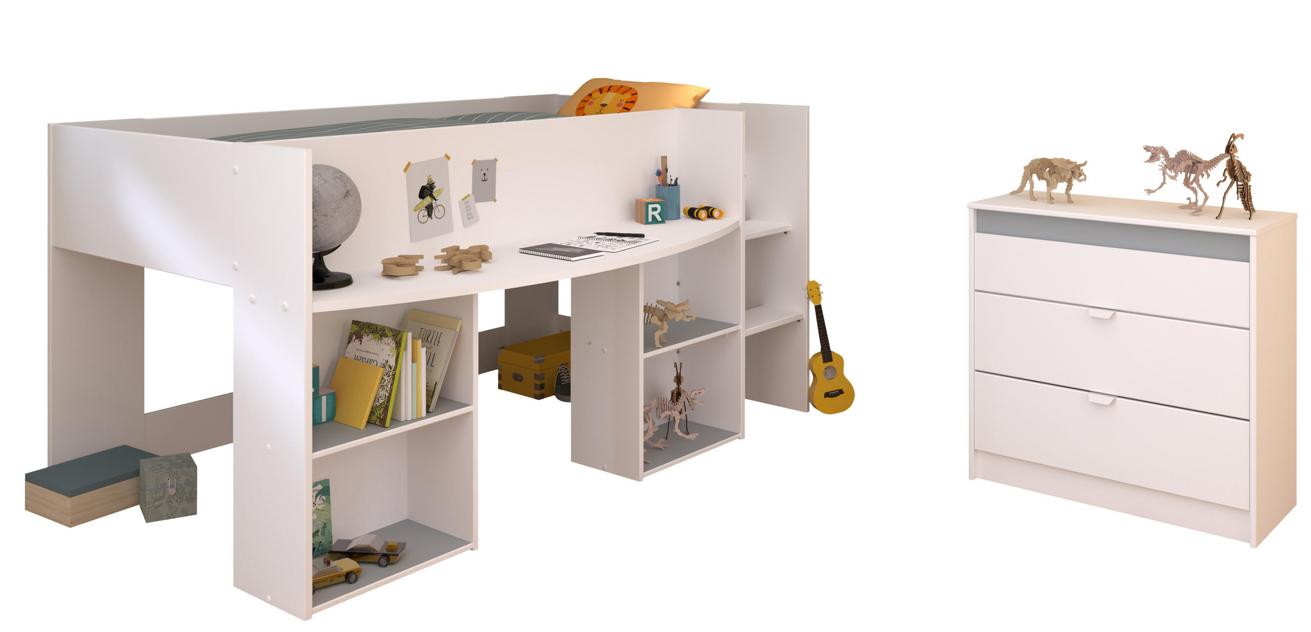 JUGENDZIMMER Pirouette 16 in Weiß mit Rosa oder Kieselgrau 2 teilig mit Hochbett - Weiß, Holzwerkstoff (120/200/80cm)