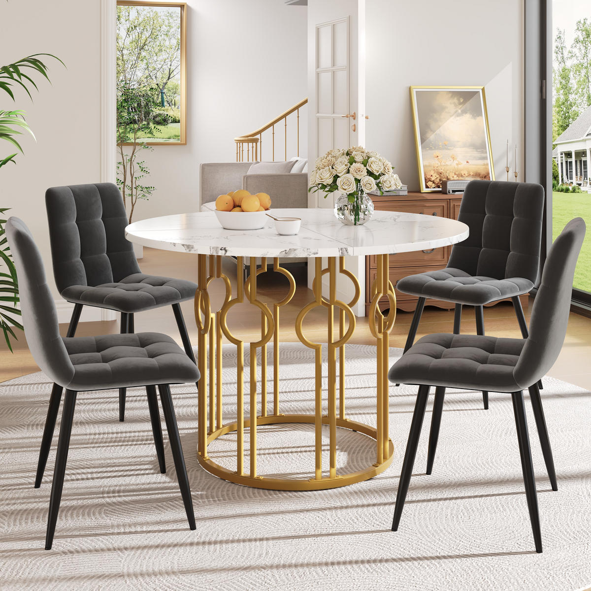 ESSTISCHSET 5-Teilig Rund 100 Cm, Weiße MDF, 4 Dunkelgraue Samtstühle, Gold - Multicolor, Holzwerkstoff (100/76/100cm) - FLIEKS