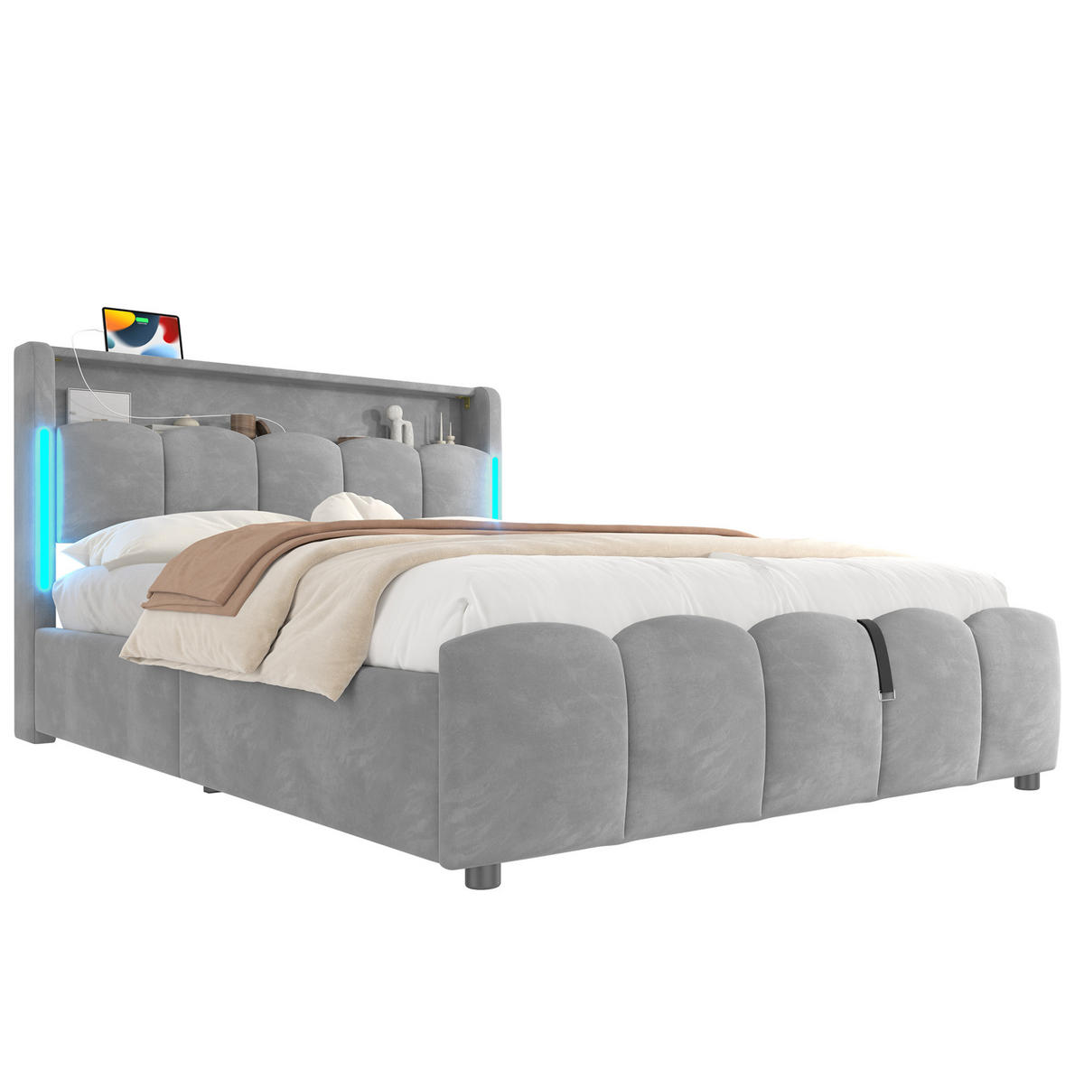 POLSTERBETT 140/200 cm mit LED-Beleuchtung, USB- und Typ-C-Anschluss, hydraulischem Stauraum und Samtbezug, Grau - Grau, Textil (140/200cm) - Redom