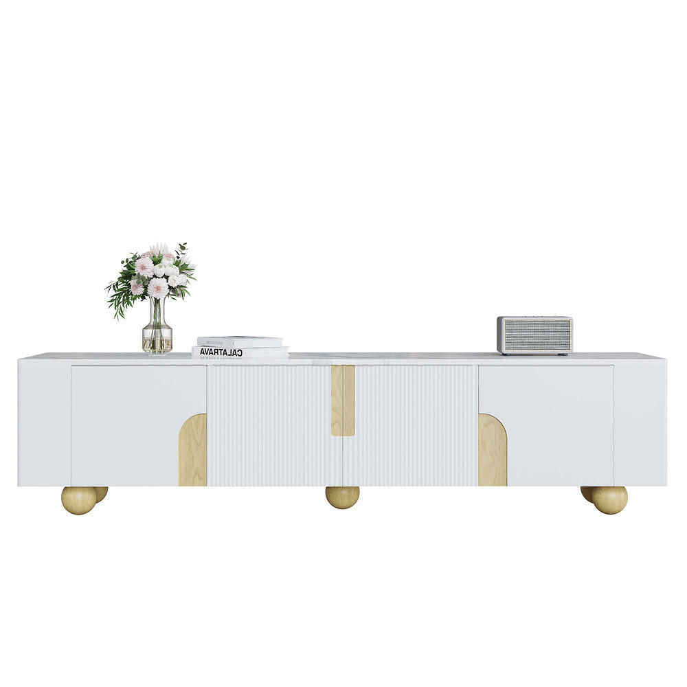 TV-SCHRANK 180cm Weiß 4 Türen Marmoroptik kugelförmige Holzfüße - Weiß, Holz (43.99/35.18/50.8cm) - FLIEKS