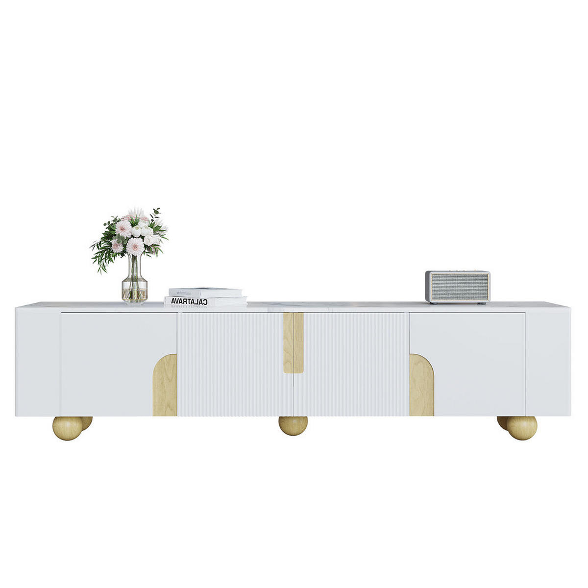 TV-SCHRANK 180cm Weiß 4 Türen Marmoroptik kugelförmige Holzfüße - Weiß, Holz (43.99/35.18/50.8cm) - FLIEKS