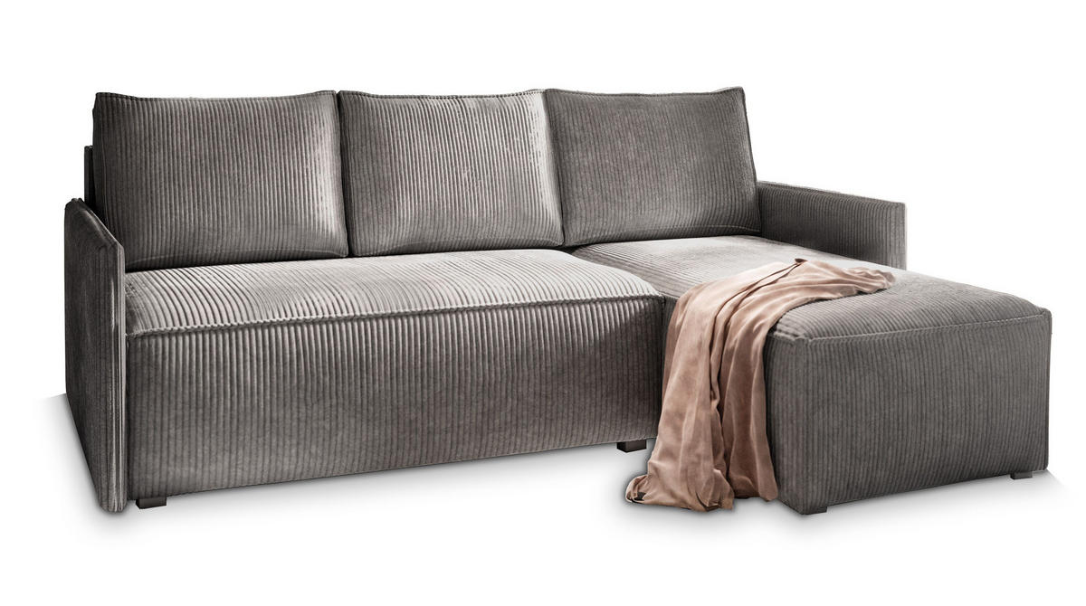 ECKSOFA PERUSI Grau Kordstoff mit Schlaffunktion - Grau, Holz (206/143cm) - MASSENO