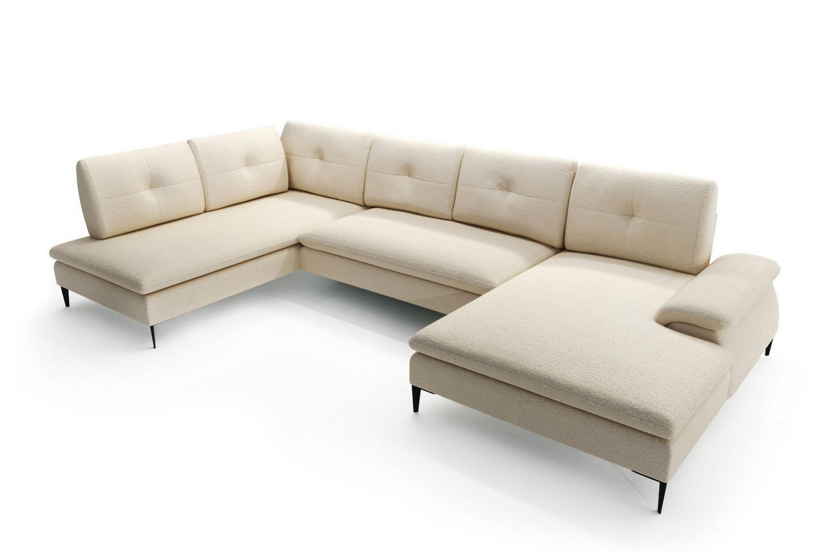 WOHNLANDSCHAFT BREZZA Beige Plüsch-Stoff mit Schlaffunktion - Beige, Holz (350/87/205cm) - MASSENO