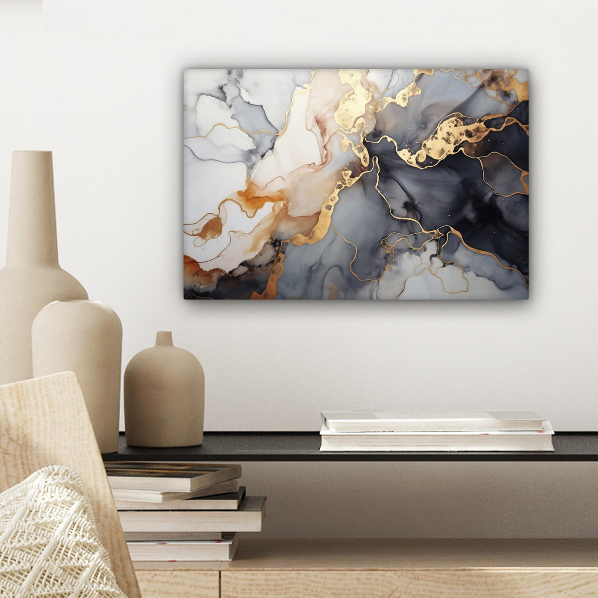LEINWANDBILD Marmor - Schwarz - Gold - Weiß Deko Schlafzimmer 30x20 cm - Dunkelgrau, Textil (30/20cm) - MuchoWow