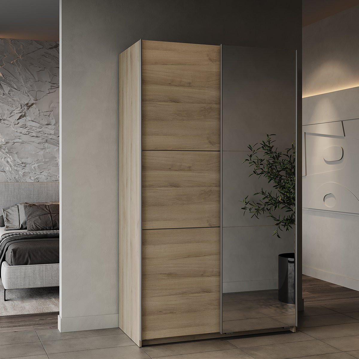 SCHRANK, 2 Schiebetüren mit Spiegel - GHOST - Eiche - 116,5 x 59,8 x 203 cm - Beige, Holz (59.8/203/116.5cm) - Demeyere