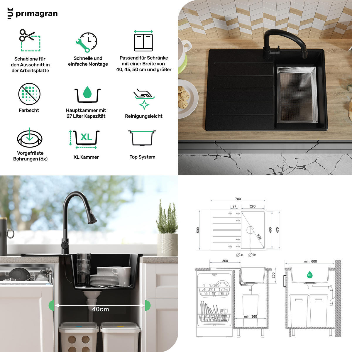 SPÜLBECKEN Kopenhagen, 2-er set Weiß 70/50 cm 1 Becken + Ablauf-Set + Schneidebrett ab 40er Unterschrank - Chromfarben/Beige, Kunststoff (70/20/50cm) - Primagran