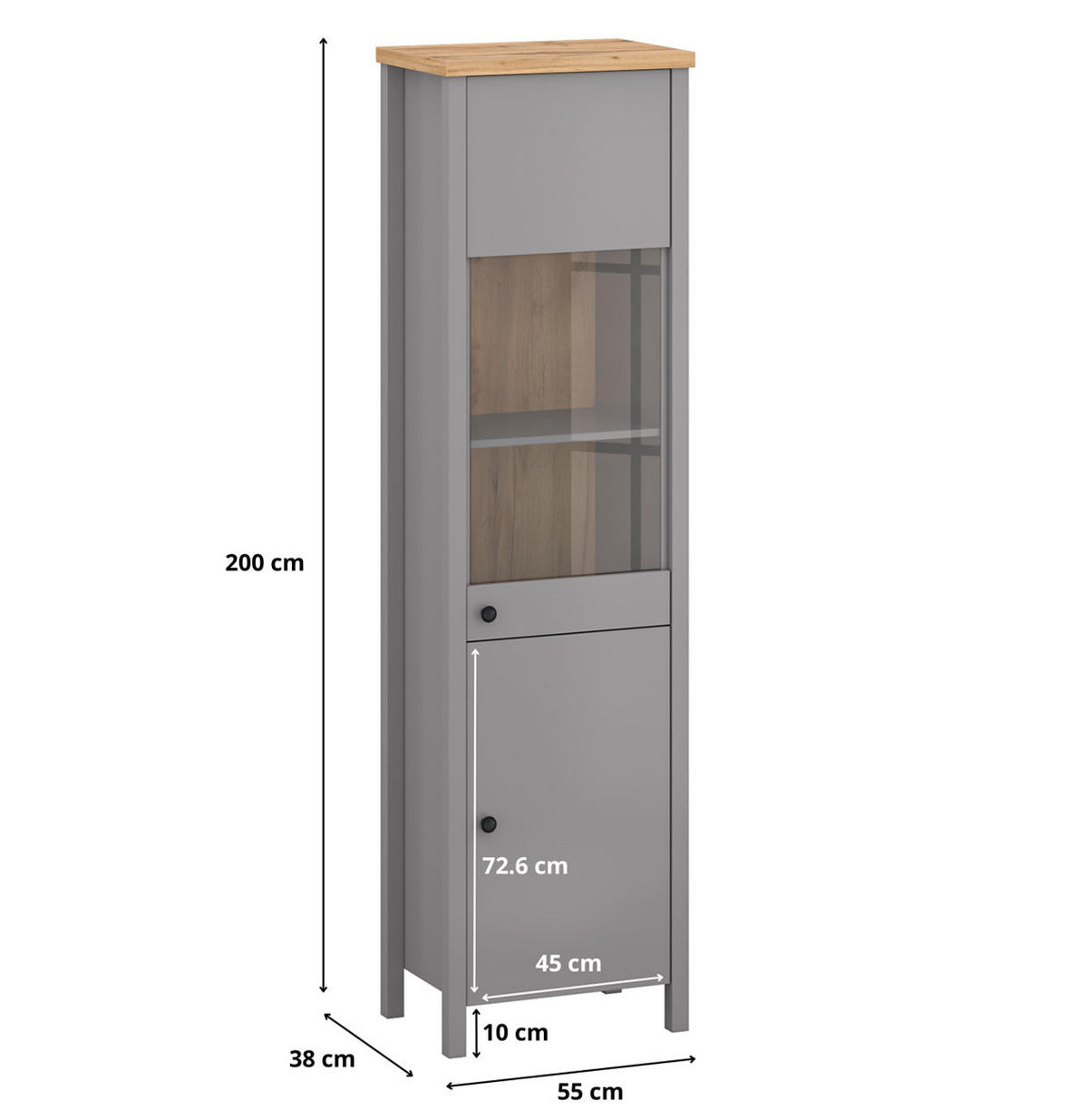 VITRINE Melini schiefergrau / Eiche Delano hell 55 / 38 / 200 cm - Schieferfarben/Eichefarben, Holz/Holzwerkstoff (55/200/38cm) - Feldmann-Wohnen