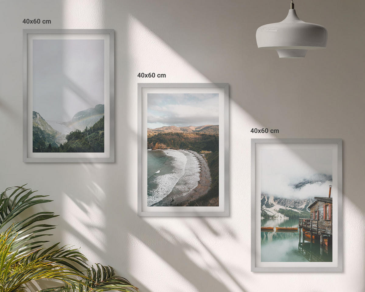 BILDER SET 3er Set - 40x60 cm Silberner Rahmen - Berge, Strand, Wolken, Wasser - Silberfarben, Kunststoff (40/60cm) - TULUP