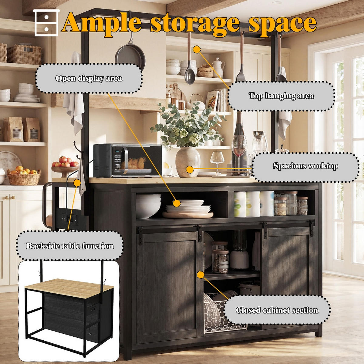 KÜCHENINSEL Küchenschrank mit Arbeitsplatte STROMANSCHLUSS Holzoptik Schwarz 107/62/183 cm - Schwarz, Kunststoff (62/183/107cm) - Rolipo