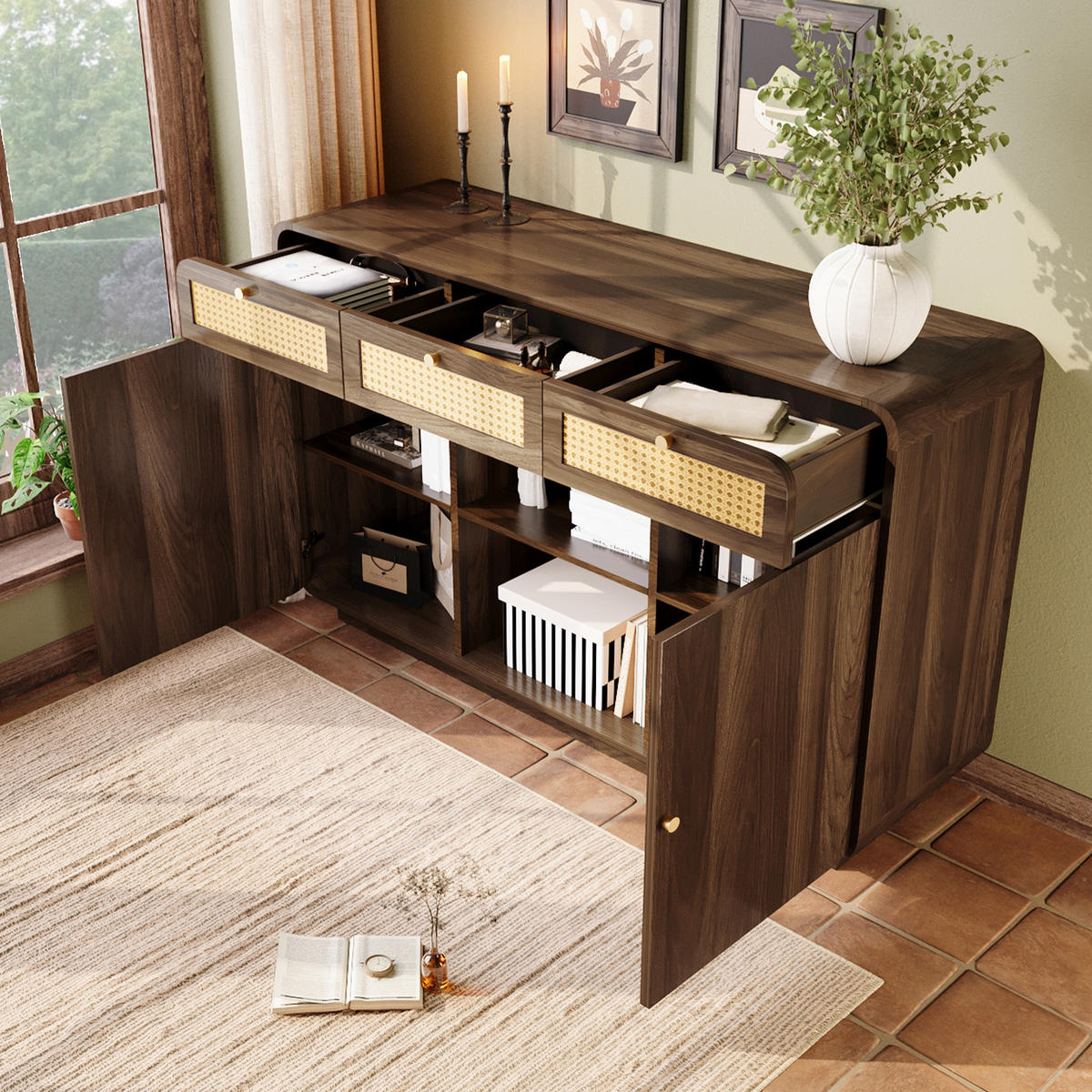 SIDEBOARD 120/40/85 cm Nussbaum aus MDF mit Rattanfronten und 3 Schubladen - Walnussfarben, Holzwerkstoff (120/85/40cm) - OKWISH