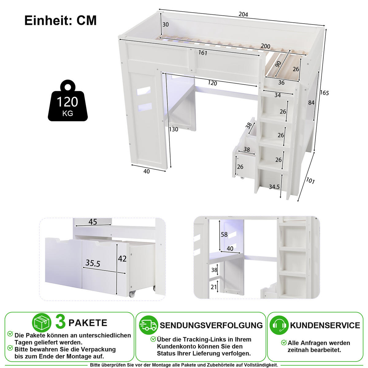 HOCHBETT 90/200 cm in Weiß mit Schreibtisch, LED, USB und 2 Schubladen - Weiß, Holz/Holzwerkstoff (90/200cm) - CHICFURN