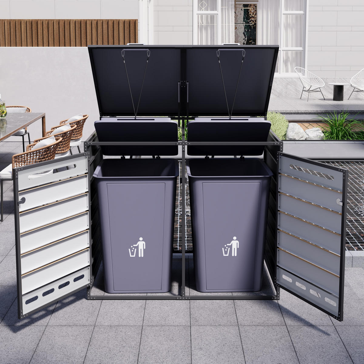 MÜLLTONNENBOX Hydraulik Deckel Holzoptik horizontal Schloss - Schwarz, Metall (131/116/79cm) - LEBENLANG