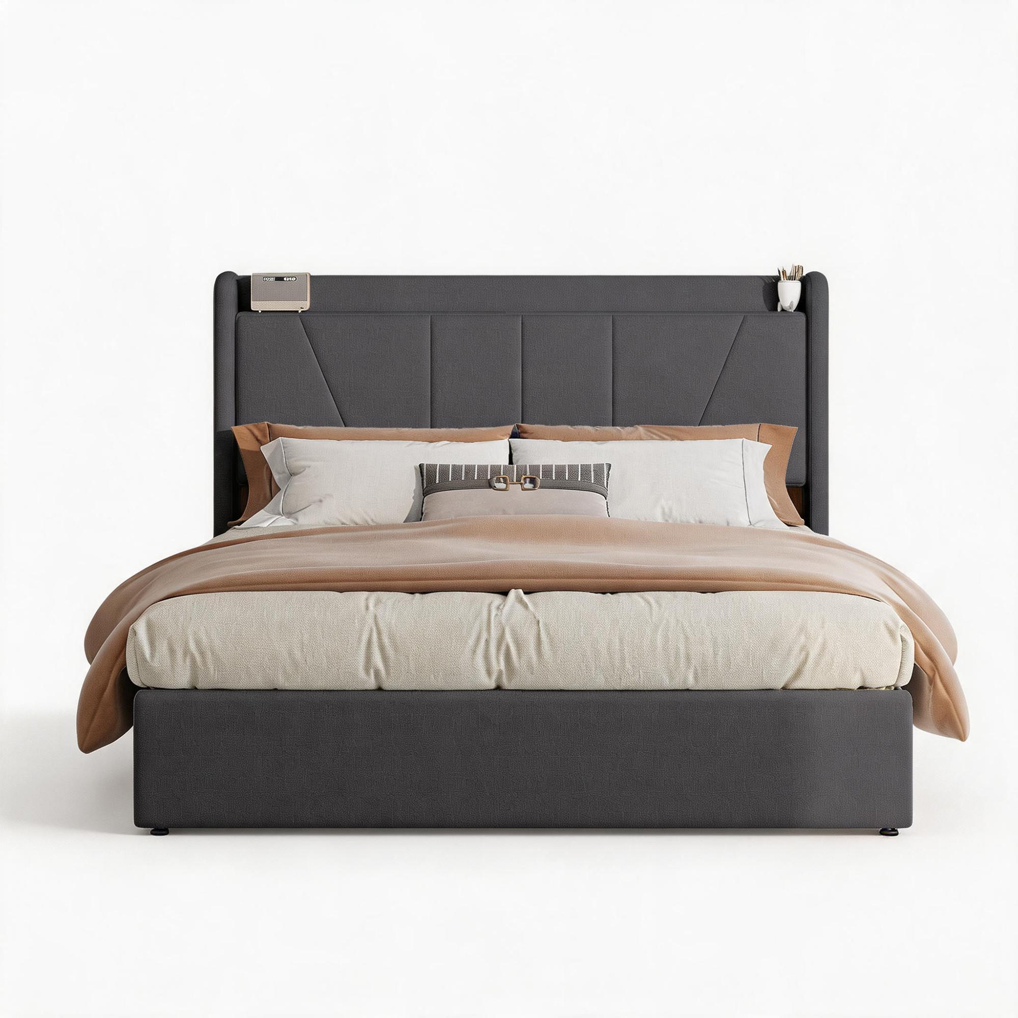 POLSTERBETT 160x200 cm mit USB Und Type-C, Doppelbett mit Bettkasten 160x200, Stauraum, Grau Leinenstoff - Grau, Textil/Metall (160/200cm) - GENKI LIVING