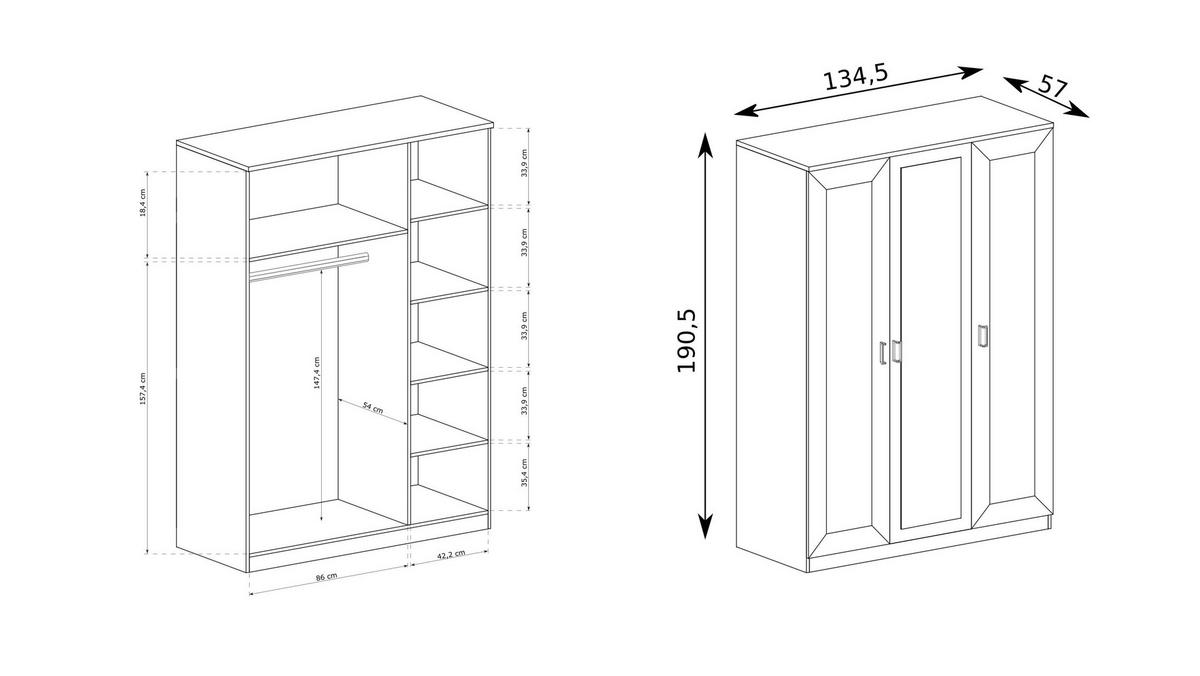 DREHTÜRENSCHRANK UDINE 135/190/57 cm 3-türig mit Spiegel Braun - Braun, Holzwerkstoff (135/190/57cm) - MASSENO