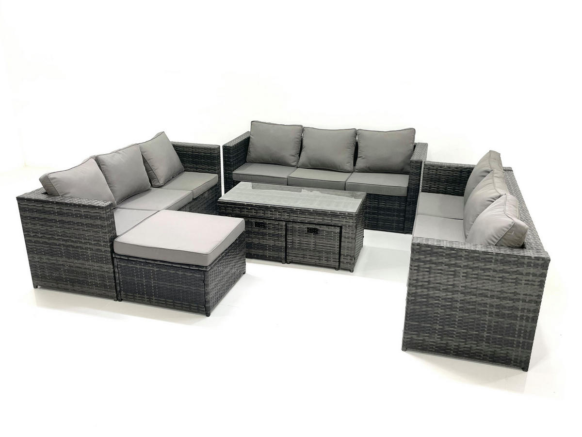 GARTENMÖBEL COUCHTISCH SET mit Sofa Polyrattan Outdoor 12-Sitzer - Dunkelgrau/Grau, Glas/Kunststoff - Fimous