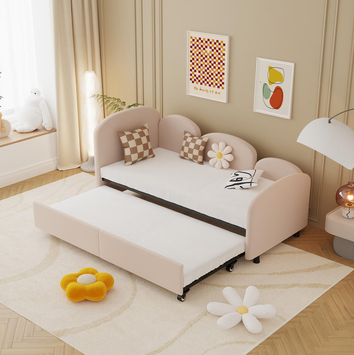 KINDERBETT 90/200 cm Rosa aus Samt mit Schublade und Blumenform - Rosa, Textil (90/200cm) - Flora Grace