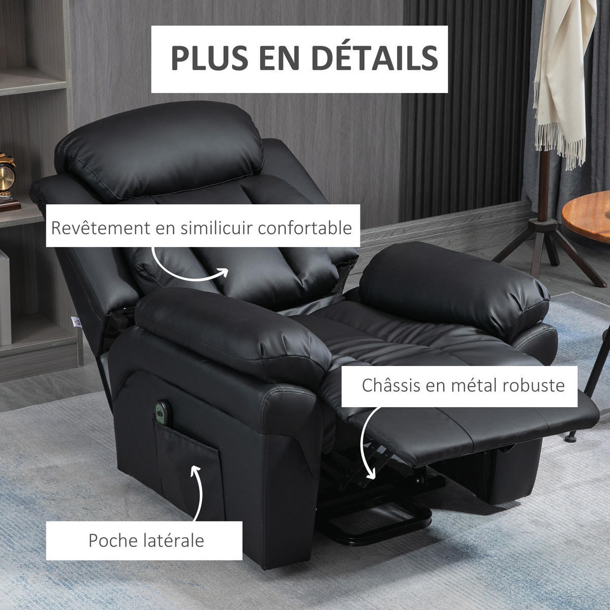 RELAXSESSEL DE-15417 mit Aufstehhilfe und verstellbarer Fußstütze Schwarz - Schwarz, Leder (93/105/96cm) - ComfortXL