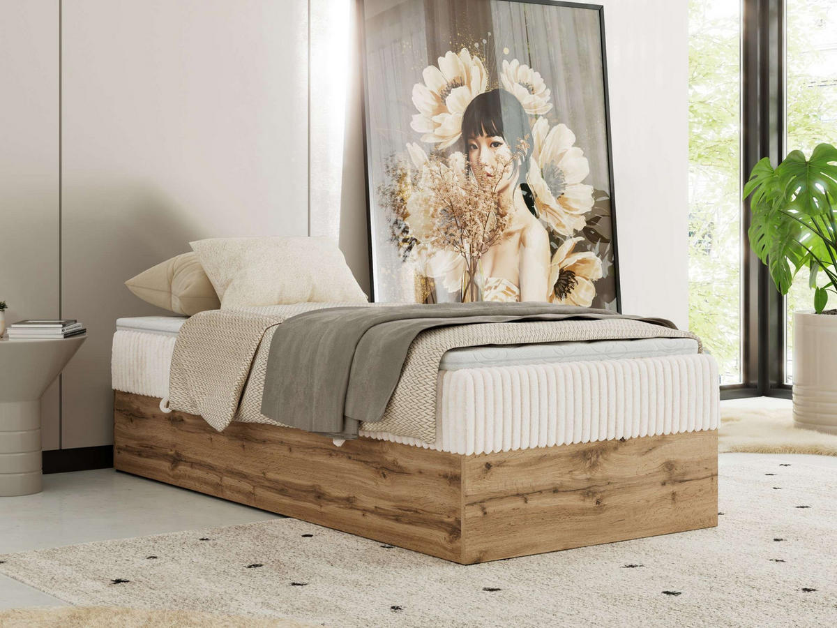 BOXBETT WOOD ZERO 90/200 - Beige Cord - H3 - Topper T25 - Beige, Textil (90/200cm) - MKS