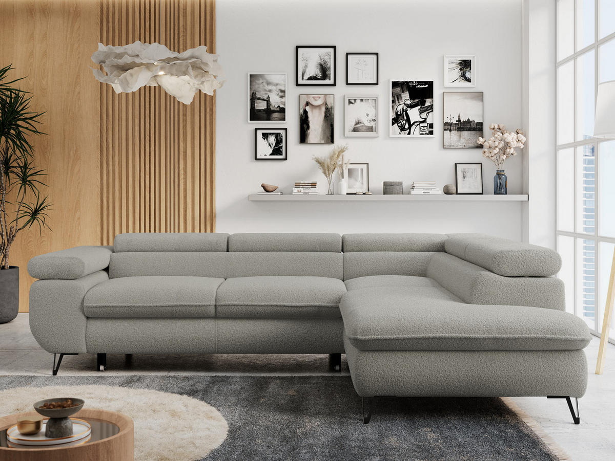 ECKSOFA PETER L Hellgrau Boucle - Rechts Seite - Hellgrau/Schwarz, Textil/Metall (273/208cm) - MKS